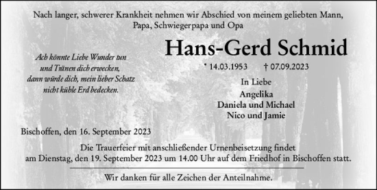 Traueranzeige von Hans-Gerd Schmid von Dill Block