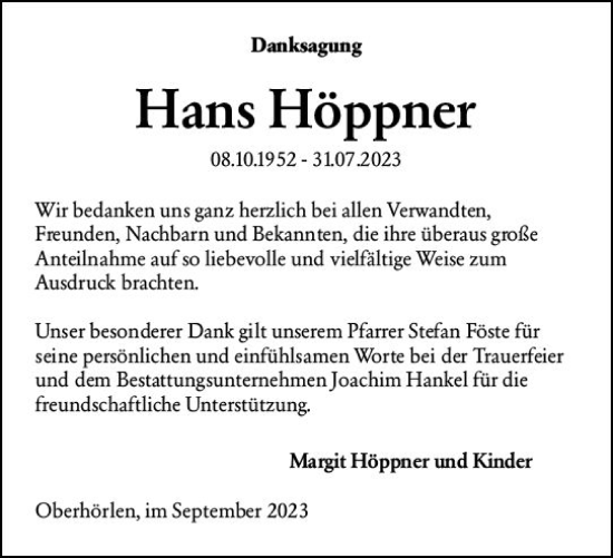 Traueranzeige von Hans Höppner von Hinterländer Anzeiger