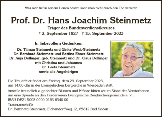 Traueranzeige von Hans Joachim Steinmetz von Wiesbadener Kurier