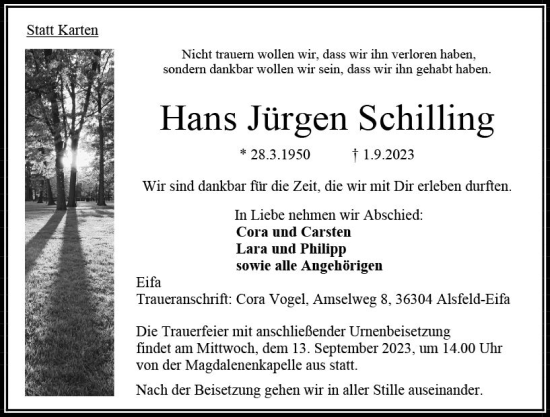 Traueranzeige von Hans Jürgen Schilling von VRM Trauer