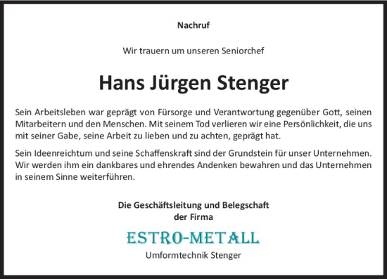 Traueranzeige von Hans Jürgen Stenger von Dill Block