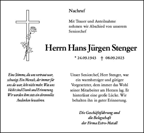 Traueranzeige von Hans Jürgen Stenger von Dill Block