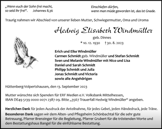 Traueranzeige von Hedwig Elisabeth Windmüller von Wetzlarer Neue Zeitung