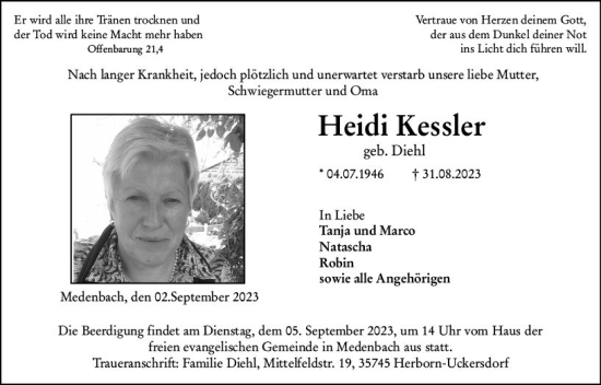 Traueranzeige von Heidi Kessler von Dill Block