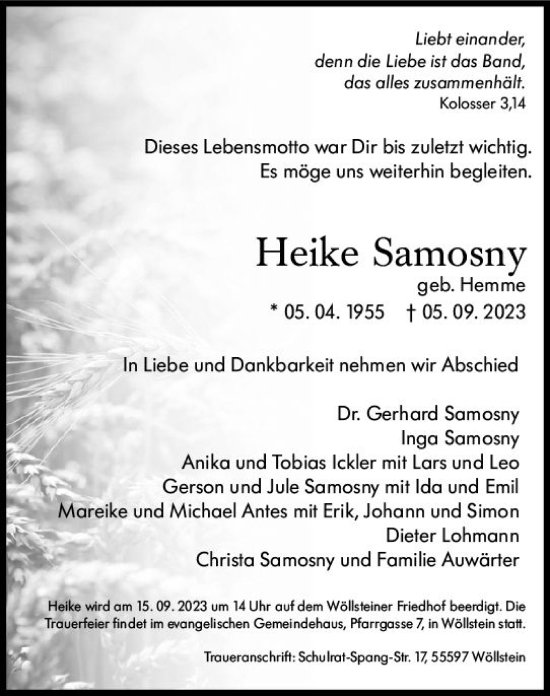 Traueranzeige von Heike Samosny von Allgemeine Zeitung Bad Kreuznach