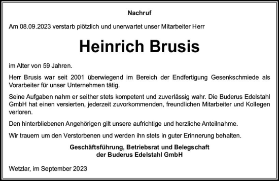 Traueranzeige von Heinrich Brusis von Wetzlarer Neue Zeitung