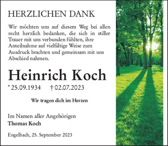 Traueranzeige von Heinrich Koch von Hinterländer Anzeiger