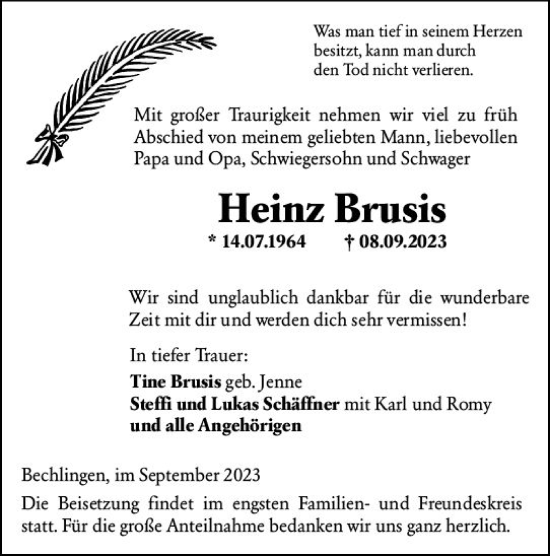 Traueranzeige von Heinz Brusis von Wetzlarer Neue Zeitung