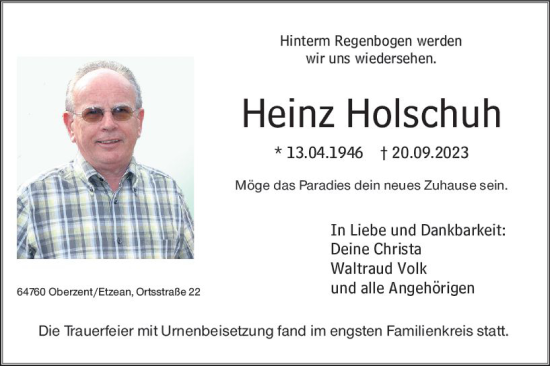 Traueranzeige von Heinz Holschuh von Odenwälder Echo
