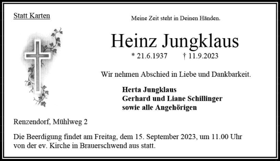 Traueranzeige von Heinz Jungklaus von VRM Trauer