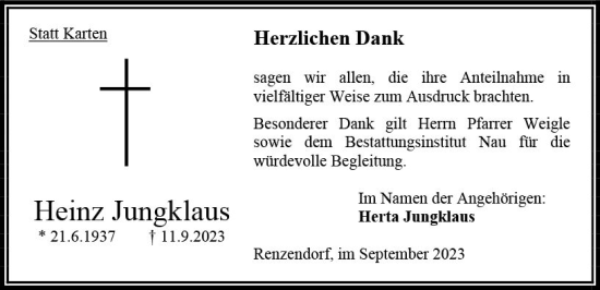Traueranzeige von Heinz Jungklaus von Oberhessen Kurier