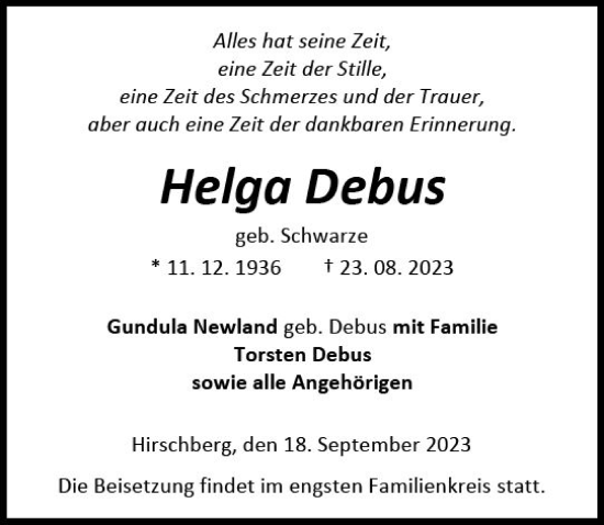 Traueranzeige von Helga Debus von Dill Block