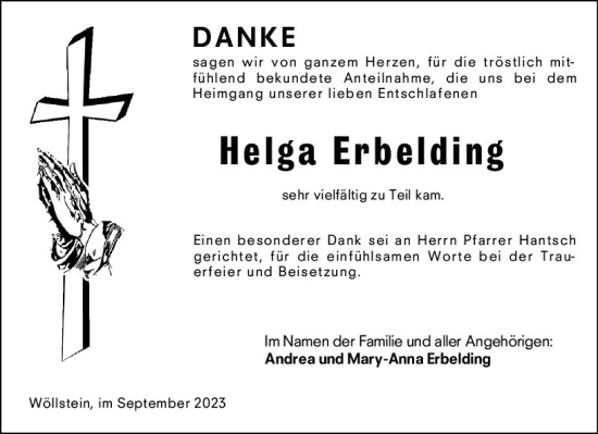 Traueranzeige von Helga Erbelding von Allgemeine Zeitung Alzey