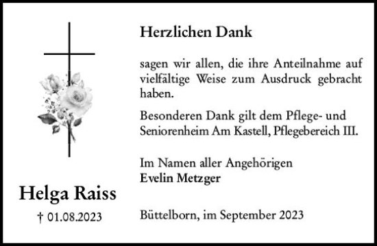 Traueranzeige von Helga Raiss von Groß-Gerauer Echo