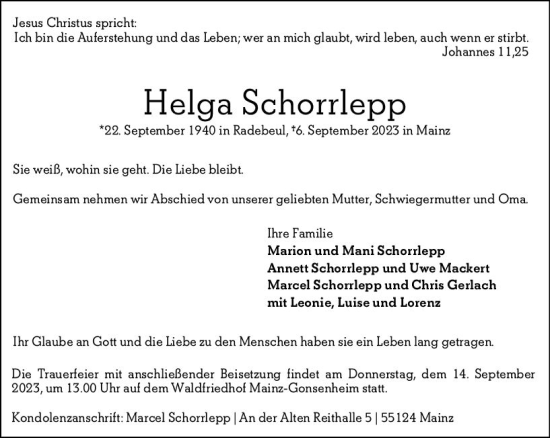 Traueranzeige von Helga Schorrlepp von Allgemeine Zeitung Mainz