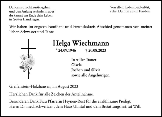 Traueranzeige von Helga Wiechmann von Wetzlarer Neue Zeitung