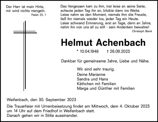 Traueranzeige von Helmut Achenbach von Hinterländer Anzeiger