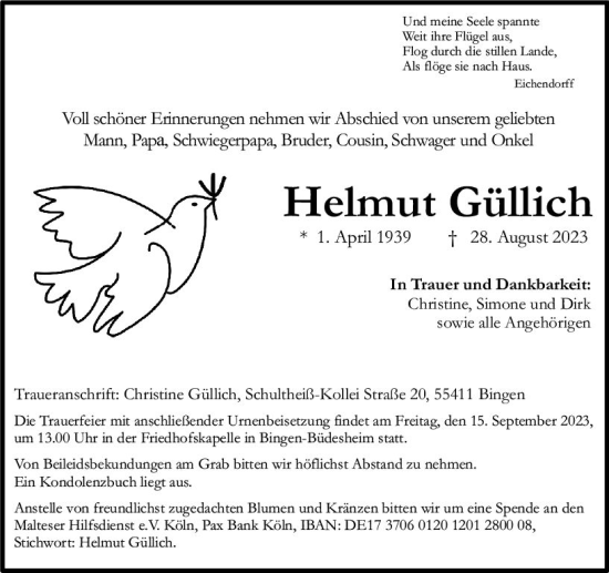 Traueranzeige von Helmut Güllich von Allgemeine Zeitung Bingen/Ingelheim