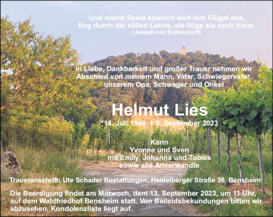 Traueranzeige von Helmut Lies von Starkenburger Echo