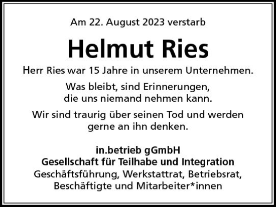 Traueranzeige von Helmut Ries von Allgemeine Zeitung Mainz