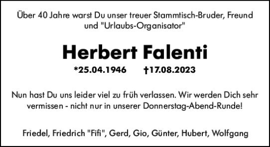 Traueranzeige von Herbert Falenti von Darmstädter Echo