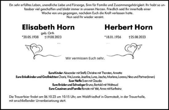 Traueranzeige von Herbert Horn von Darmstädter Echo