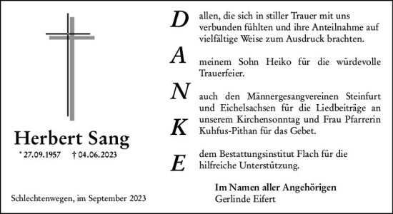 Traueranzeige von Herbert Sang von Oberhessen Kurier