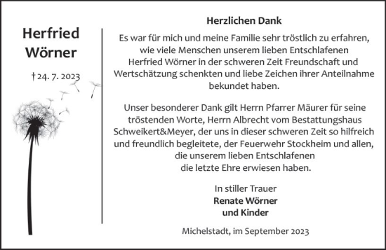 Traueranzeige von Herfried Wörner von Odenwälder Echo