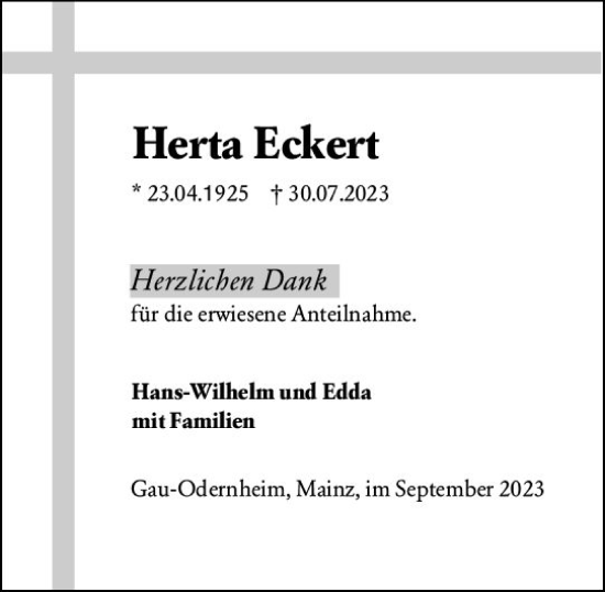 Traueranzeige von Herta Eckert von Allgemeine Zeitung Alzey