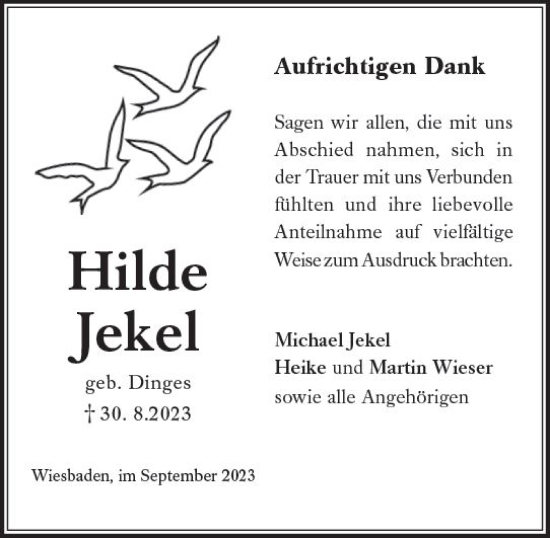 Traueranzeige von Hilde Jekel von Wiesbadener Kurier