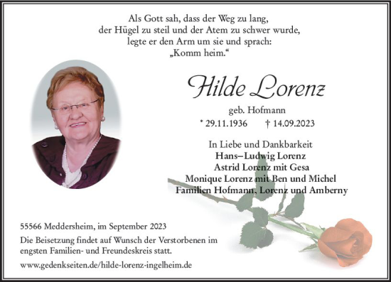 Traueranzeige von hilde Lorenz von Allgemeine Zeitung Bingen/Ingelheim