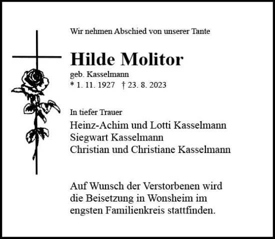 Traueranzeige von Hilde Molitor von Allgemeine Zeitung Alzey