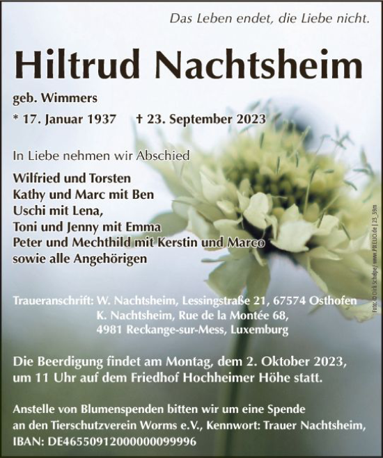 Traueranzeige von Hiltrud Nachtsheim von Wormser Zeitung