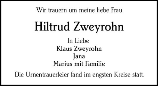 Traueranzeige von Hiltrud Zweyrohn von Darmstädter Echo