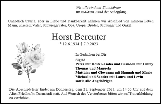 Traueranzeige von Horst Bereuter von Darmstädter Echo