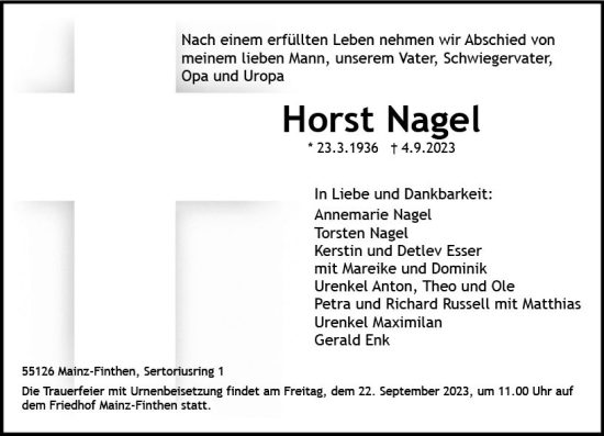 Traueranzeige von Horst Nagel von Allgemeine Zeitung Mainz