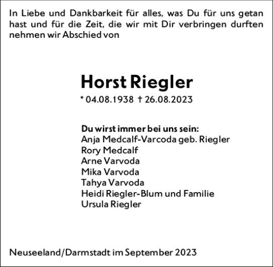 Traueranzeige von Horst Riegler von Darmstädter Echo
