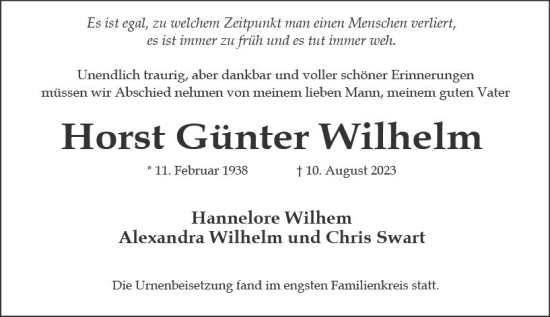 Traueranzeige von Horst Günter Wilhelm von Wiesbadener Kurier