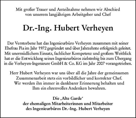 Traueranzeige von Hubert Verheyen von Allgemeine Zeitung Bad Kreuznach
