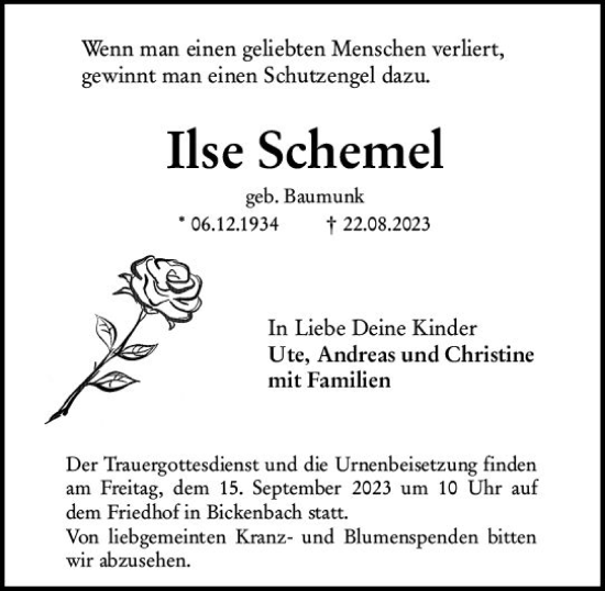 Traueranzeige von Ilse Schemel von Darmstädter Echo