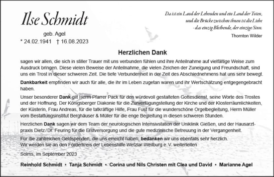 Traueranzeige von Ilse Schmdit von Wetzlarer Neue Zeitung