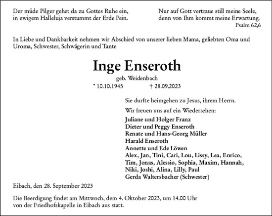 Traueranzeige von Inge Enseroth von Dill Block