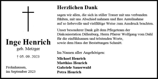 Traueranzeige von Inge Henrich von Dill Block