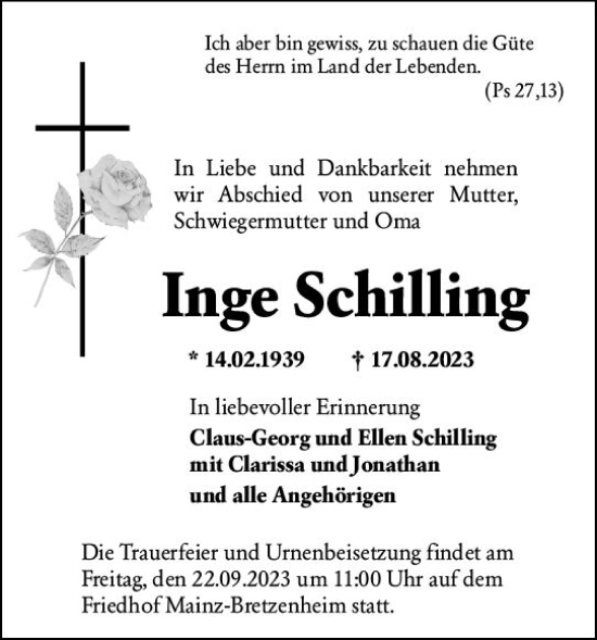 Traueranzeige von Inge Schilling von Allgemeine Zeitung Mainz