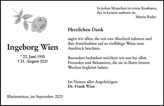 Traueranzeige von Ingeborg Wien von Allgemeine Zeitung Bad Kreuznach