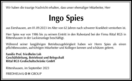 Traueranzeige von Ingo Spies von Dill Block