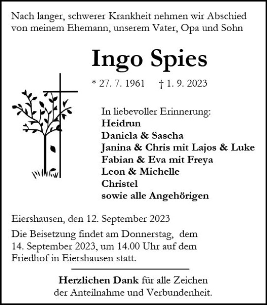 Traueranzeige von Ingo Spies von Dill Block