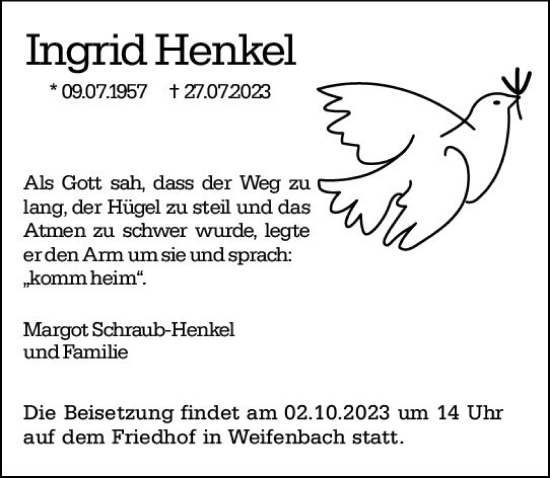 Traueranzeige von Ingrid Henkel von Hinterländer Anzeiger