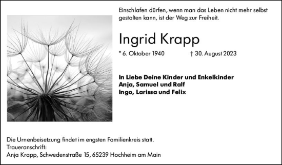 Traueranzeige von Ingrid Krapp von Allgemeine Zeitung Mainz