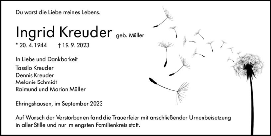 Traueranzeige von Ingrid Kreuder von Wetzlarer Neue Zeitung